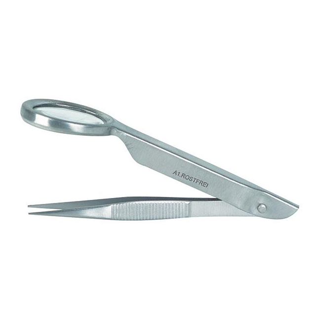 Pinzette mit Lupe spitze Form gerieft 9 cm Lupenpinzette